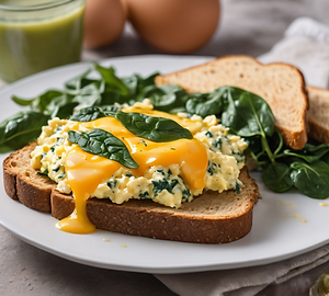 Scrambled eggs with spinach and whole grain toast