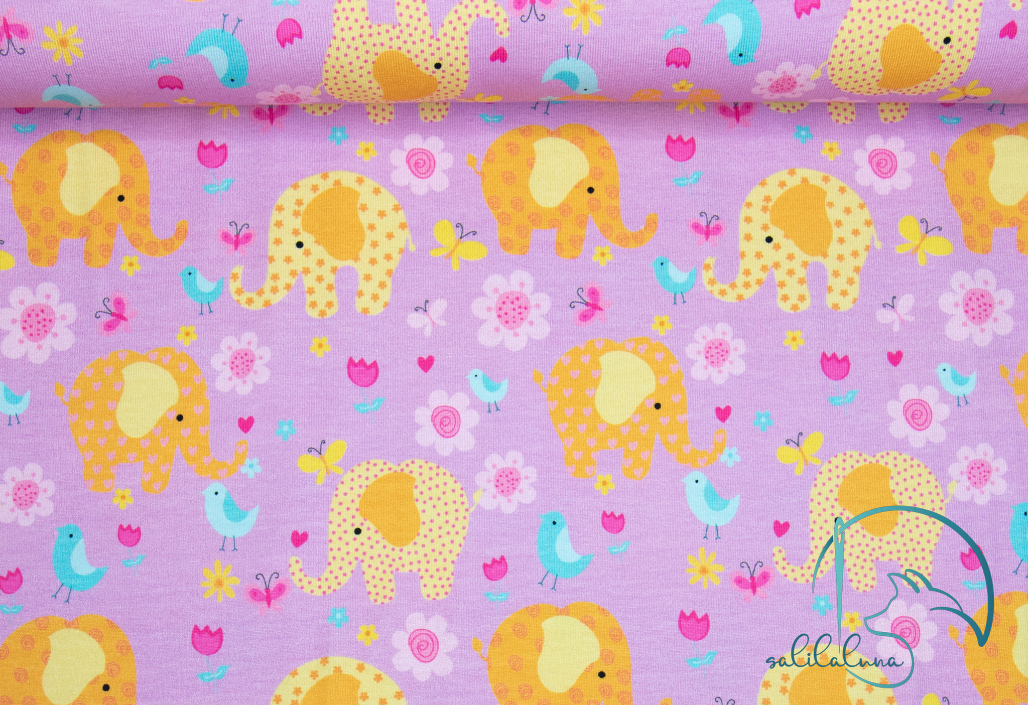 Baumwolljersey Elefanten gelb/rosa