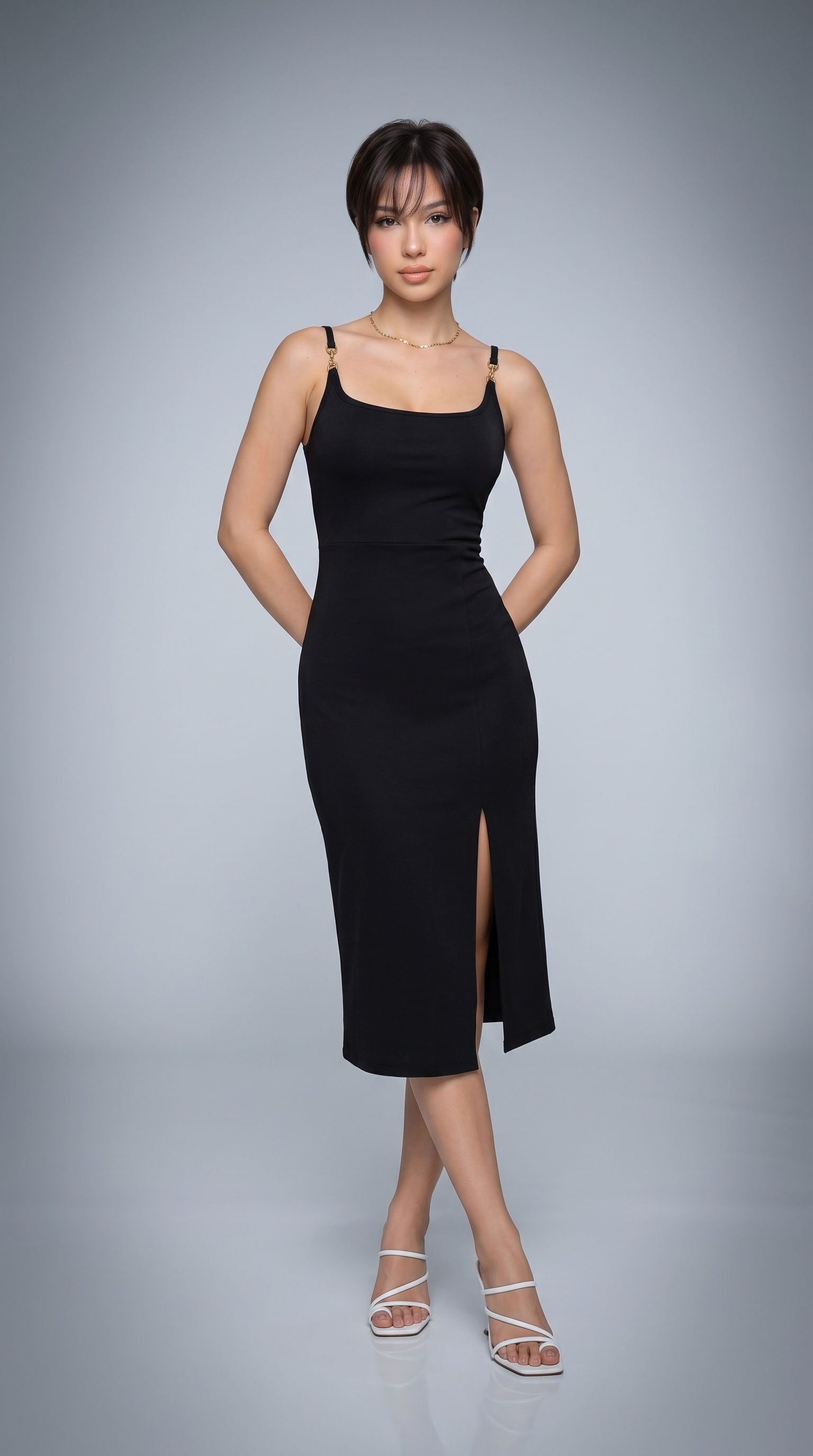 Solid Color Sling Waist Sleeveless Slit Dress