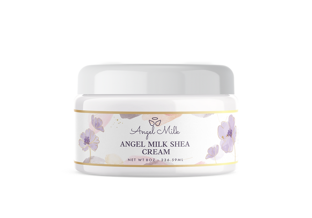 Angel Milk Shea Cream jar with lavender floral design on white background