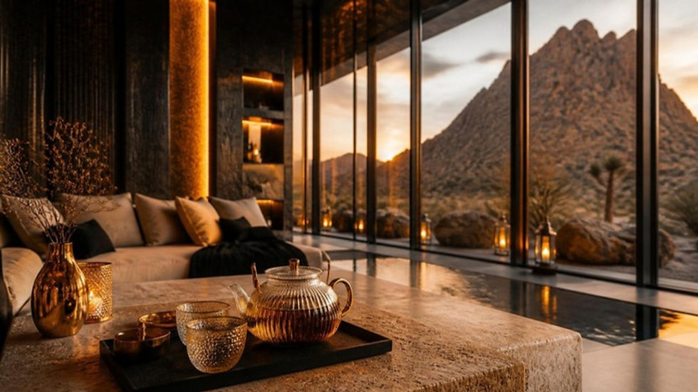 Tea service in a resort spa lounge facing desert mountains at dusk