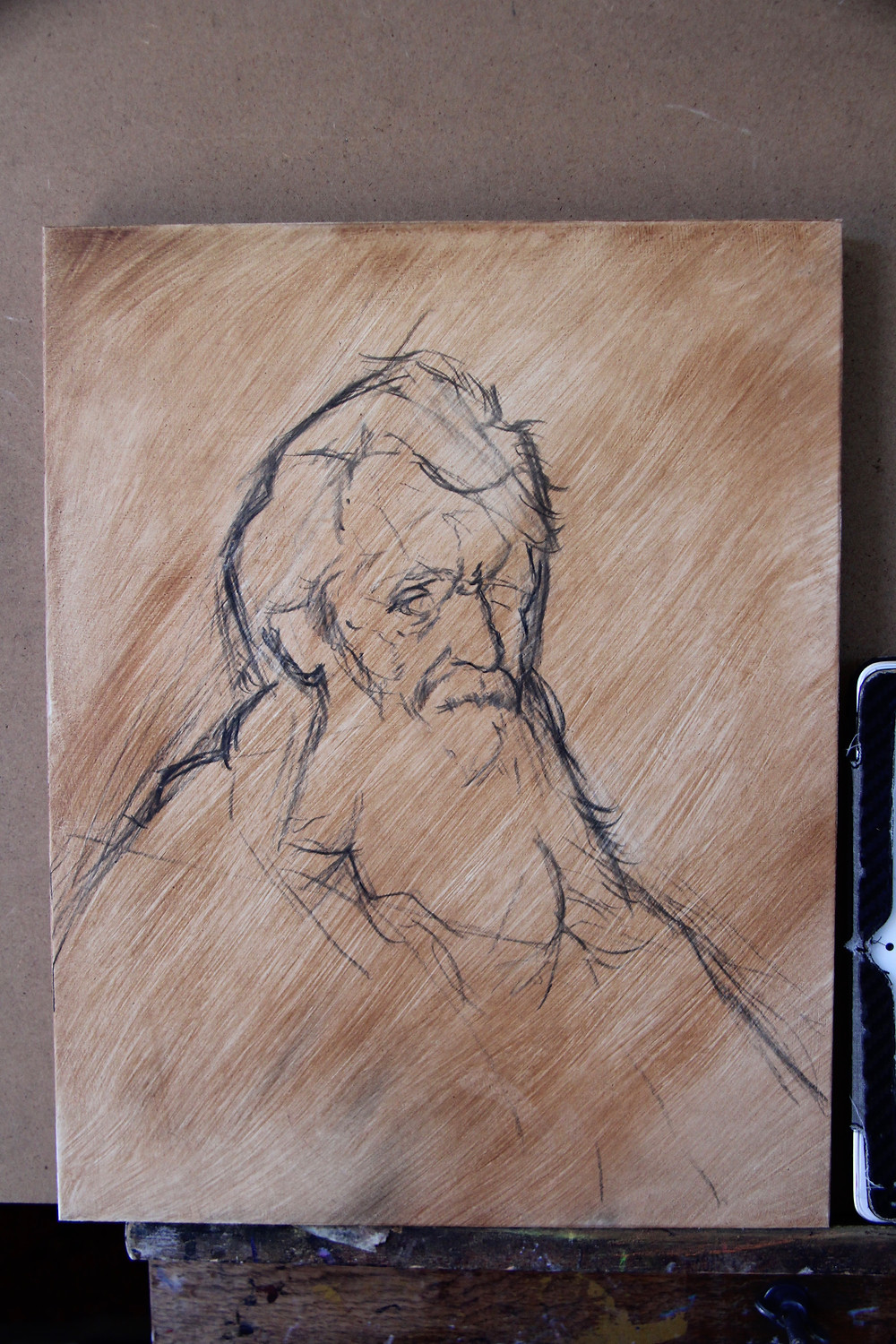 Starting with charcoal I drew a general block-in aiming for shape and proportions.