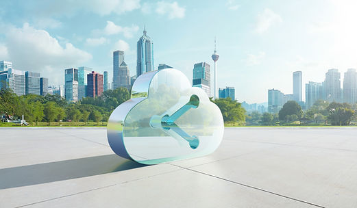 Transparent glass symbol of cloud with data share icon on floor with green city background