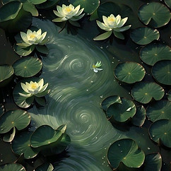 White water lilies on a pond surrounded by lily pads