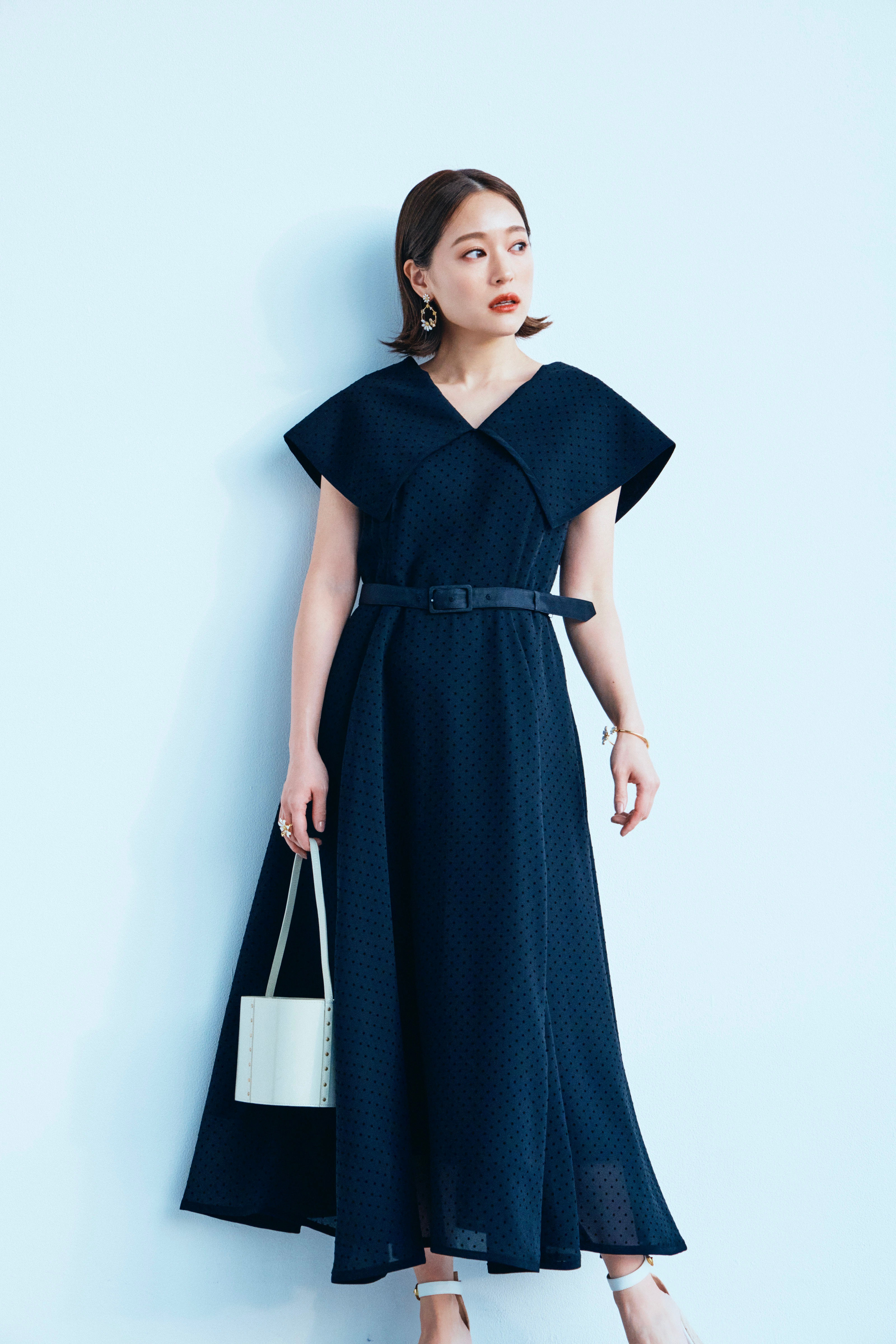 ビッグカラードットフロッキードレスブラック