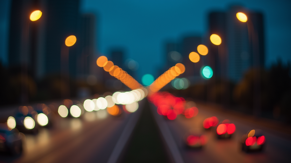 Plano detalle de una grúa con luces encendidas en una carretera de Miami durante la noche