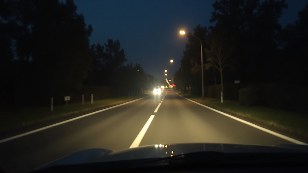 Primer plano de una grúa con luces encendidas en carretera nocturna