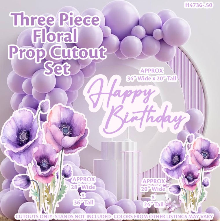 H4736 3 PIECE LILAC FLORAL PRINT PROP CUTOUT AND BIRTHDAY SIGN