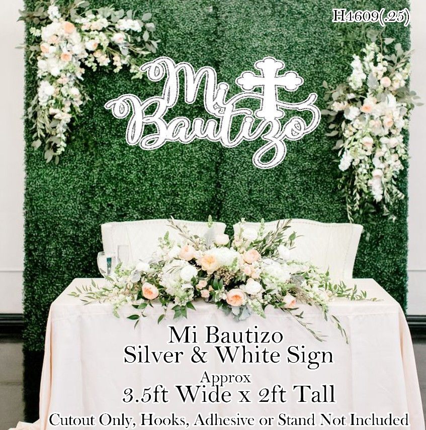 H4609 MI BAUTIZO SILVER AND WHITE SIGN CUTOUT PROP