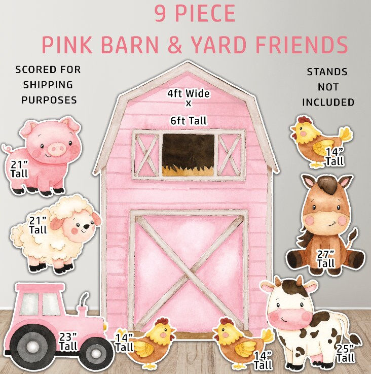 9 Piece 6ft Pink Barn and Barn Yard Friends Coroplast Prop Panels, Party Décor