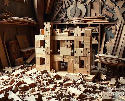 a studio with wood pieces messy all over but there is center piece of wooden blocks in a p