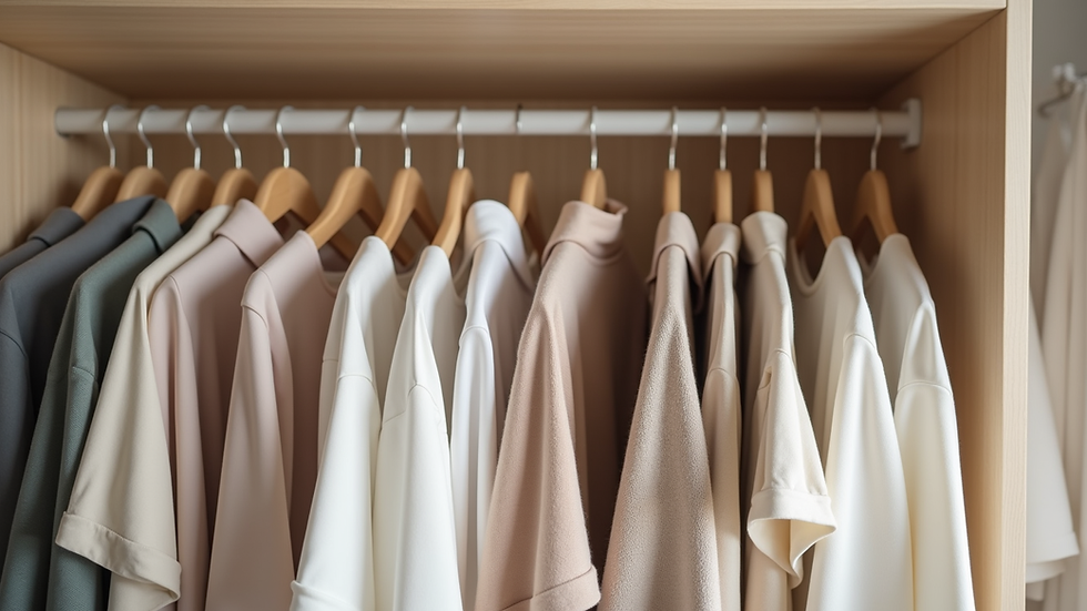 Eye-level view of a neatly arranged wardrobe with neutral and pastel clothing