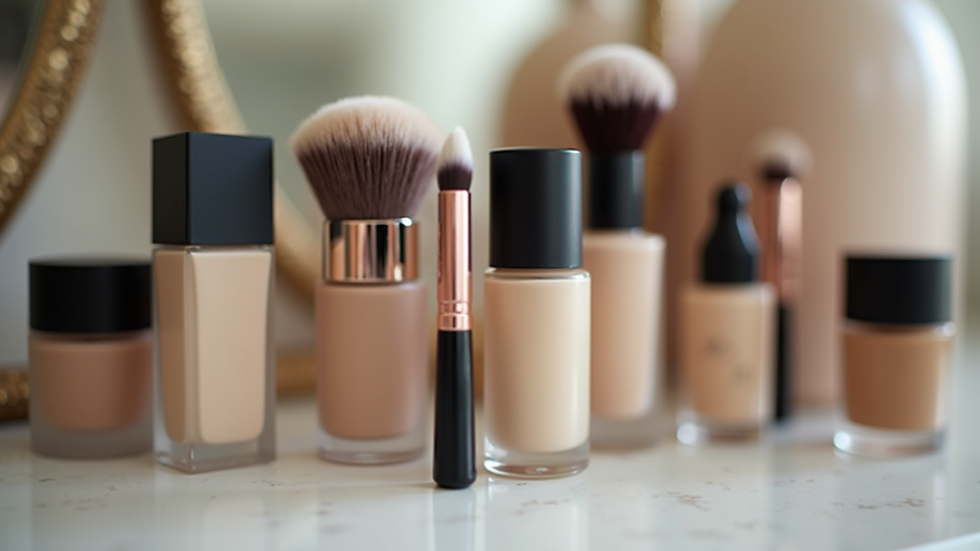 Eye-level view of makeup brushes and foundation bottles arranged neatly on a vanity