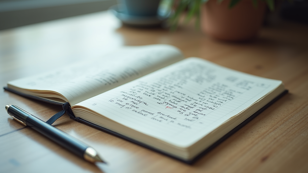Close-up view of a journal with handwritten reflections and a pen