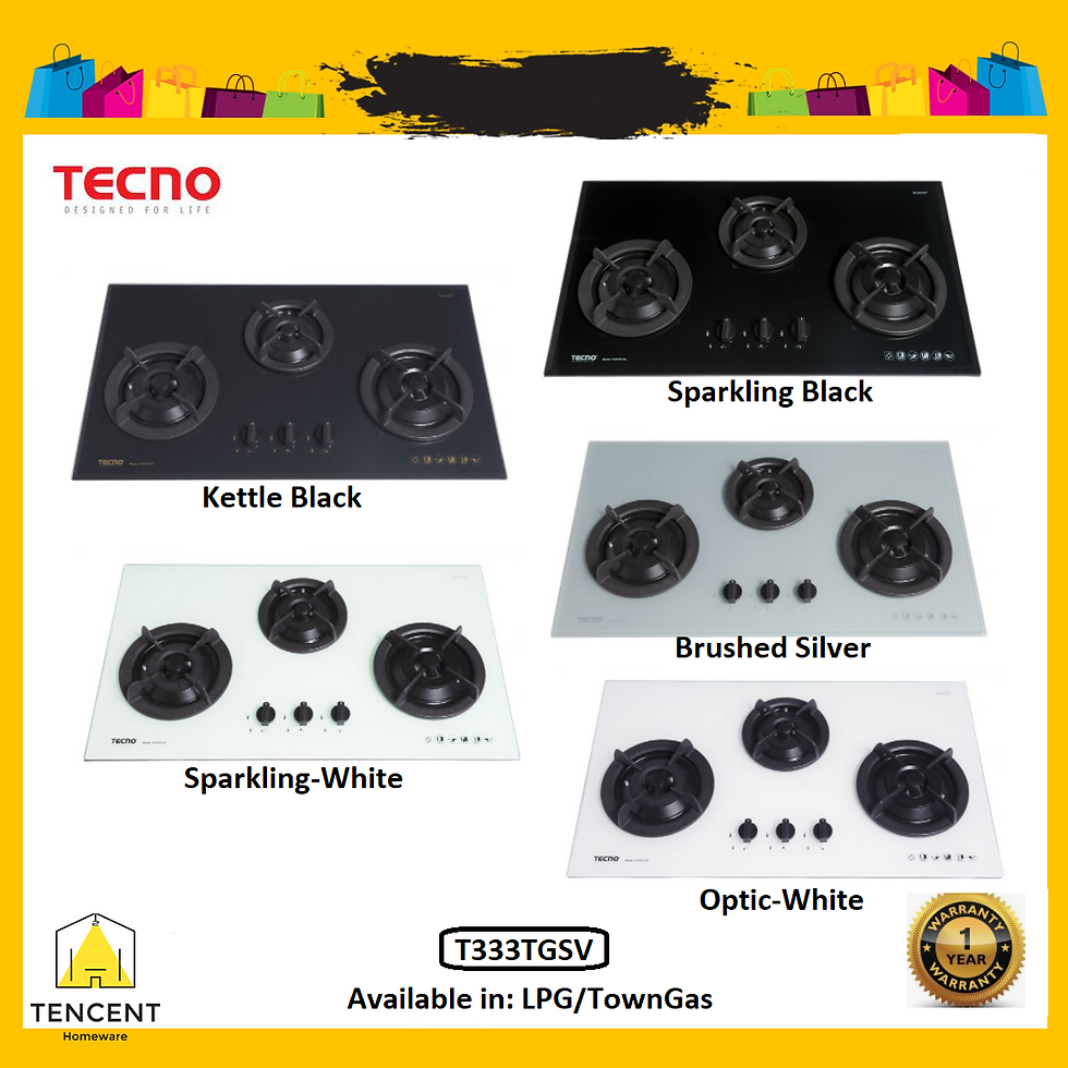 Tecno T333TGSV 3-Burner 90cm Tempered Glass Cooker Hob