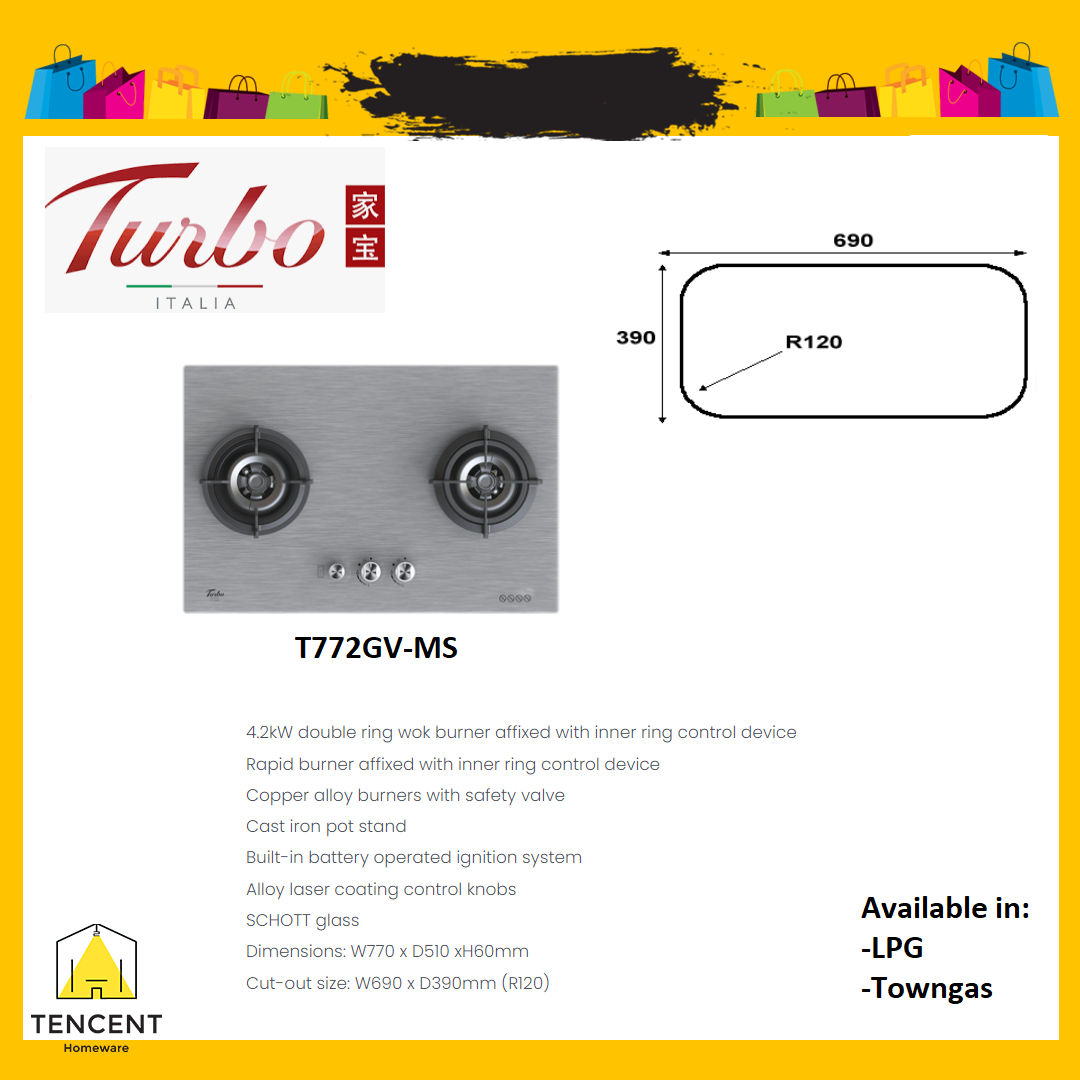 Turbo Incanto T772GV-MS 77cm 2 Burners Built-in Tempered Glass Gas Hob
