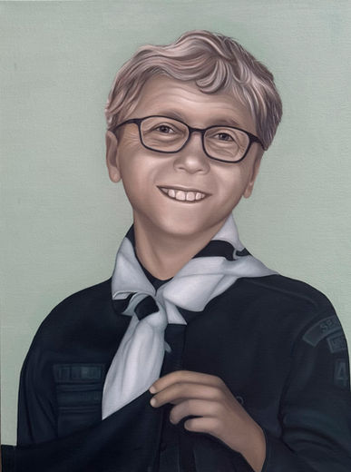Portrait of Bill Gates as child and adult in contemporary oil painting by Bertha Montalvo