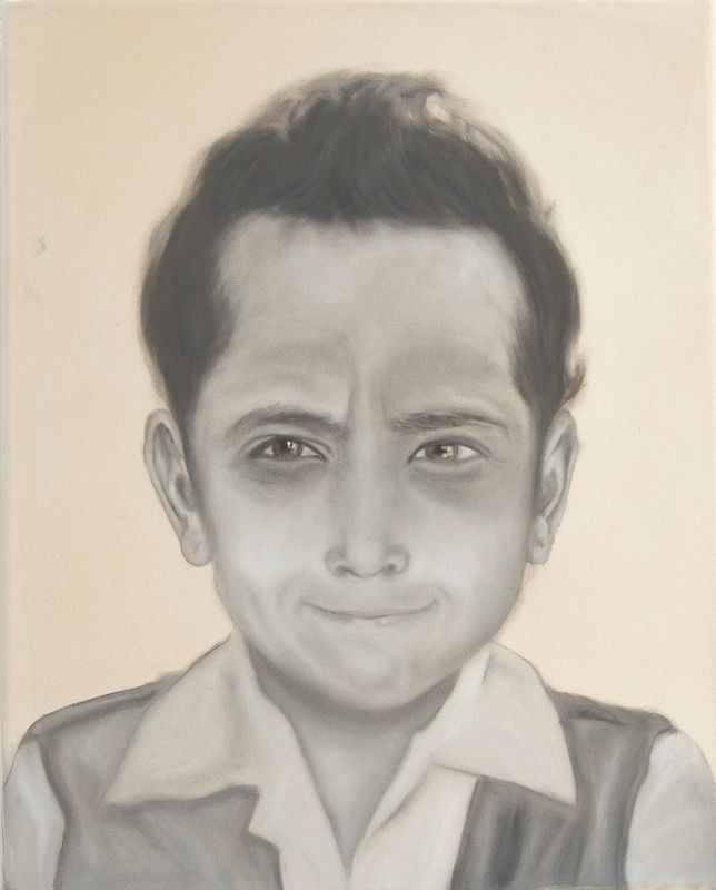 Contemporary portrait of a child and adult face merged in one composition from La Máquina de Influir by Bertha Montalvo