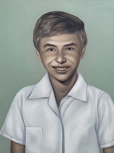 Portrait of Larry Pages as child and adult in contemporary oil painting by Bertha Montalvo