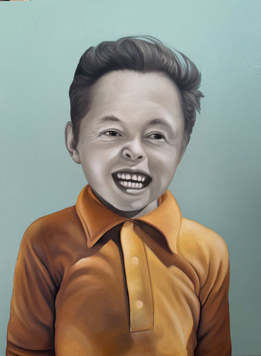 Portrait of Elon Musk as child and adult in contemporary oil painting by Bertha Montalvo
