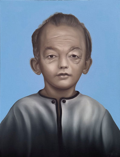 Portrait of Carlos Slim as child and adult in contemporary oil painting by Bertha Montalvo