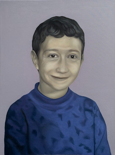 Portrait of Mark Zukenberg as child and adult in contemporary oil painting by Bertha Montalvo