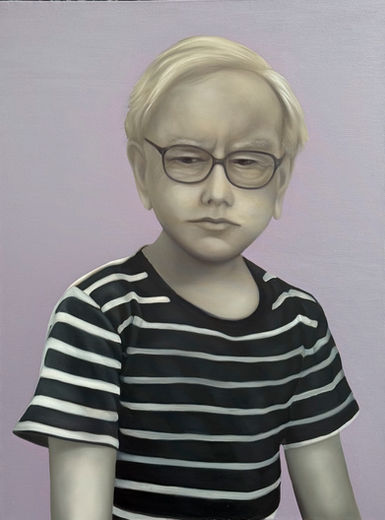 Portrait of Warrent Buffet as child and adult in contemporary oil painting by Bertha Montalvo