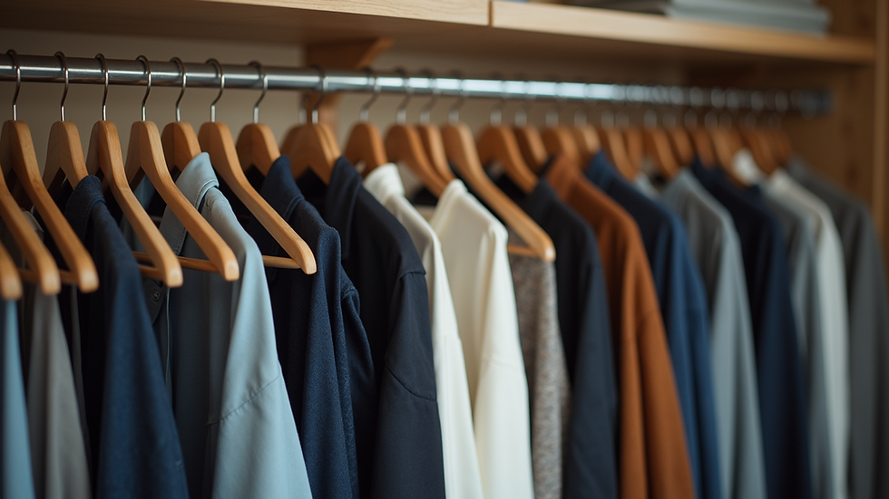 High angle view of an organized closet with neatly hung clothes