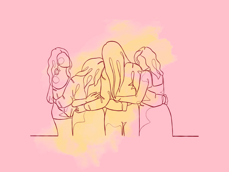 A line drawing of women embracing each other.