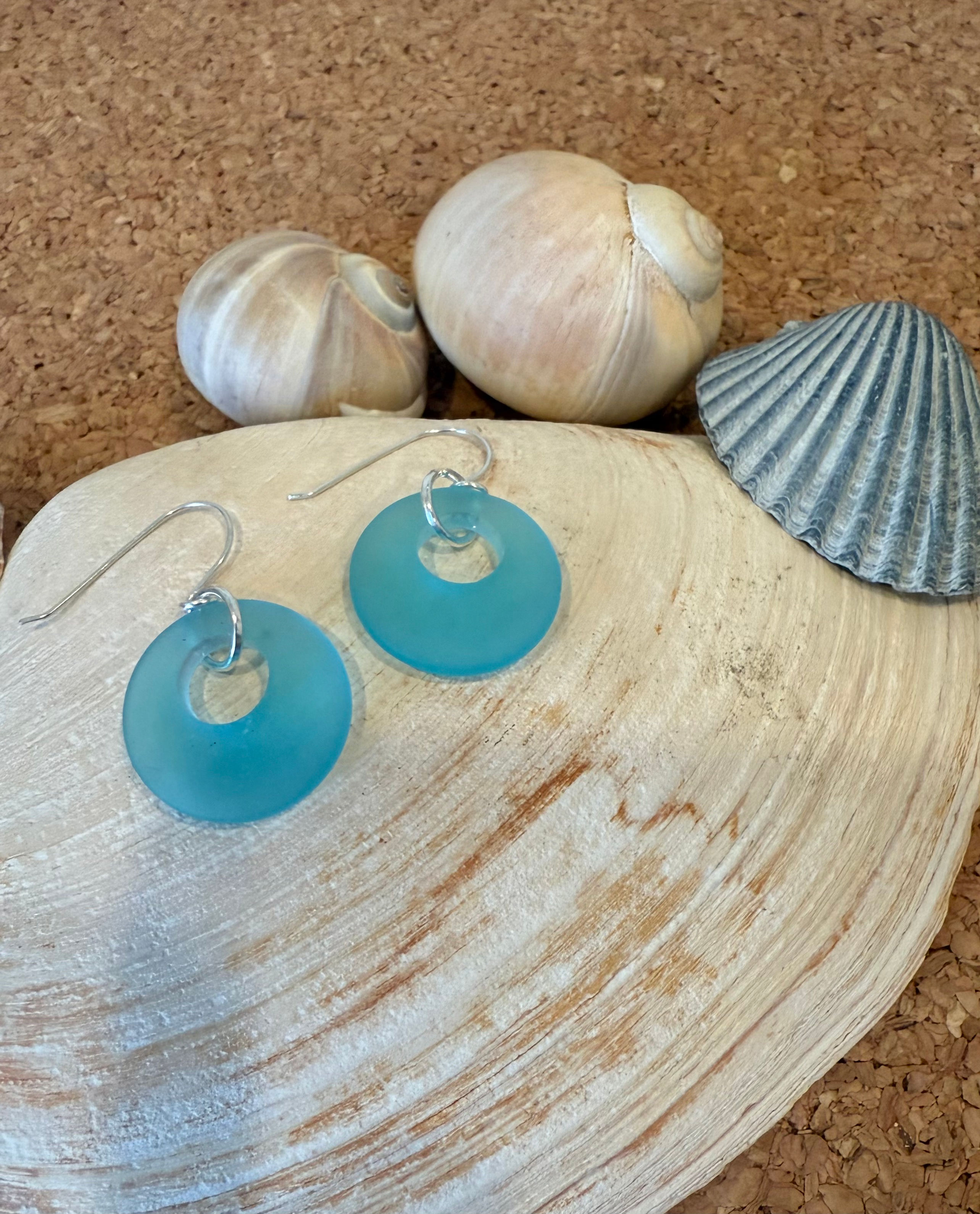 Blue Sea Glass Donut Earrings