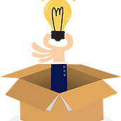 A box with a hand reaching out from the bottom holding a lightbulb