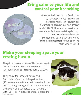 Example self care page from e-book. The topics covered are "bring calm to your life and control your breathing" and "make your sleepingn space your resting haven"
