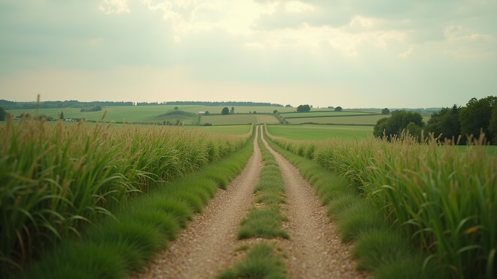 Eye-level view of a calm countryside path winding through green fields