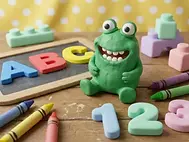 green-felt-frog-toy-smiling-colorful-foam-alphabet-blocks-crayons-wooden-table-cheerful-si