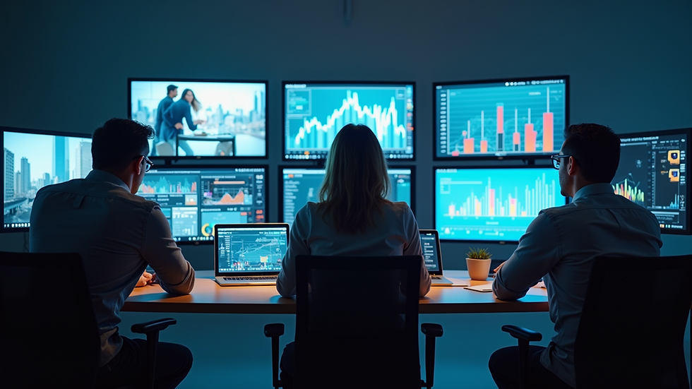 Wide angle view of a digital marketing team analyzing video campaign data on multiple screens