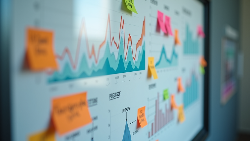 Eye-level view of a digital marketing strategy board with colorful notes and charts
