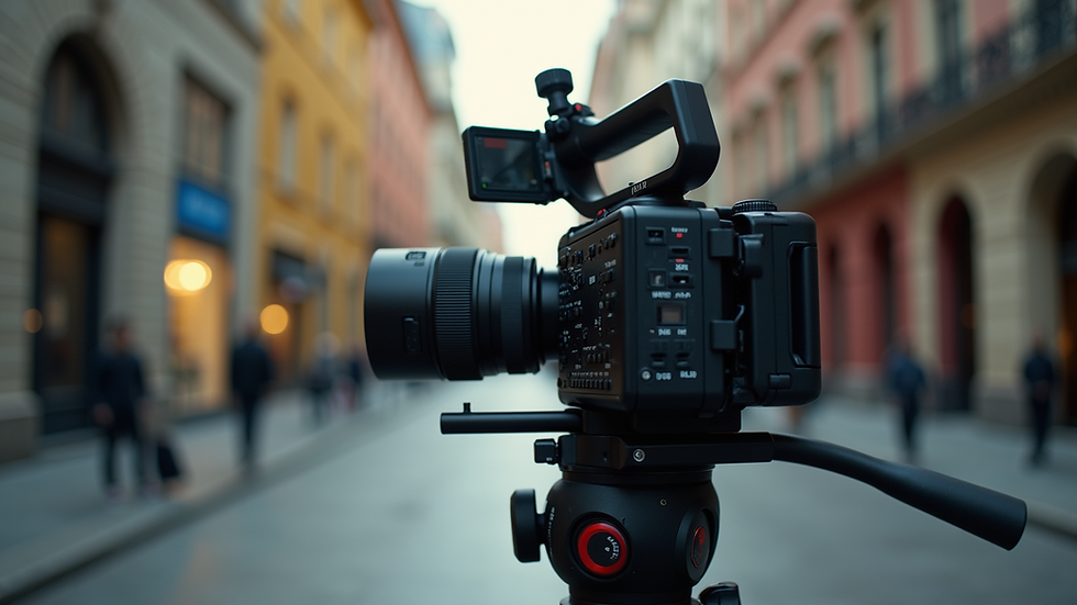 Eye-level view of a professional video camera setup on a tripod