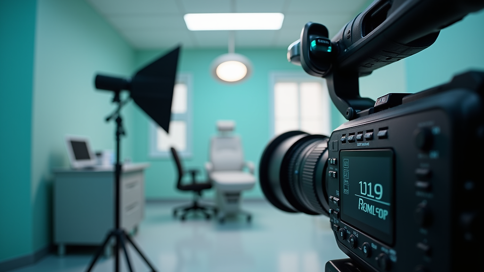Eye-level view of a clinic video shoot setup with camera and lighting equipment