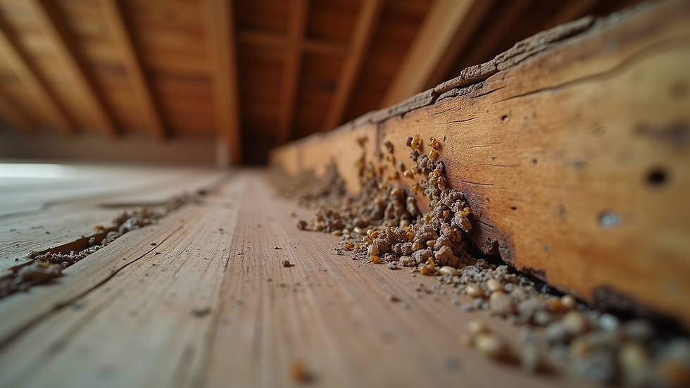 Eye-level view of termite-damaged wooden beam in a home