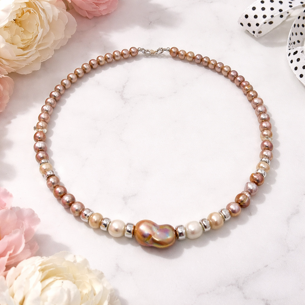 Collar y pulsera de perlas blancas y rosadas