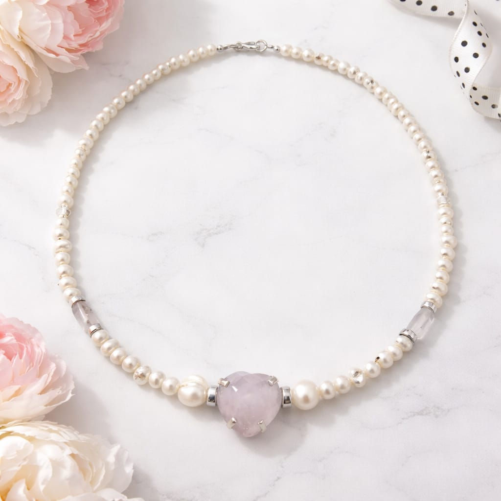 Collar de perlas y cuarzos rosas con medallón