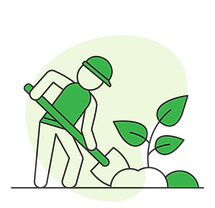 Illustration of a worker digging soil near a plant, symbolizing ground preparation for drainage systems.