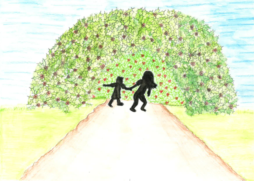 the silhouette of two children standing in front of a large holly bush.
