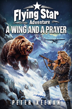 A woman in a flying jacket confronts an aggressive bear in a snowy landscape