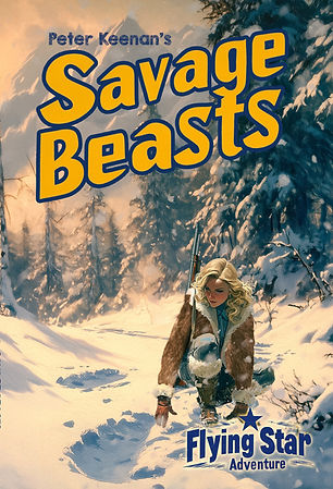 A blond woman in a snow-covered forest examines gigantic humanlike footprints.