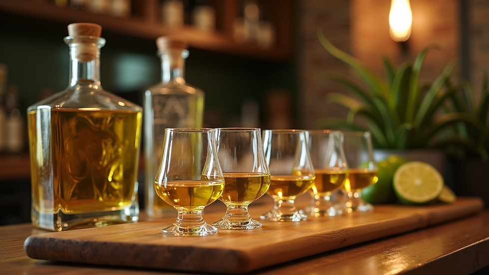 Eye-level view of a tequila tasting setup with glasses and agave plants