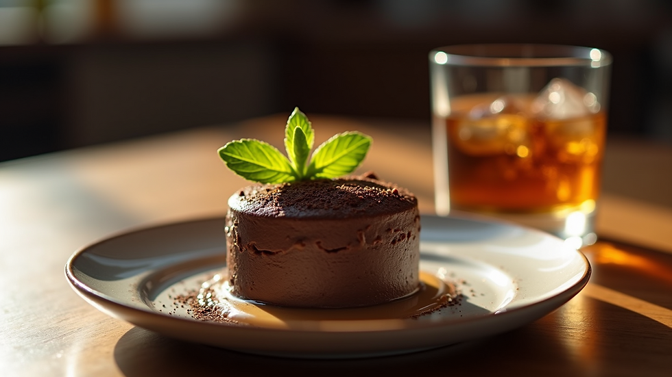 Eye-level view of a dessert plate with dark chocolate mousse and a glass of añejo tequila