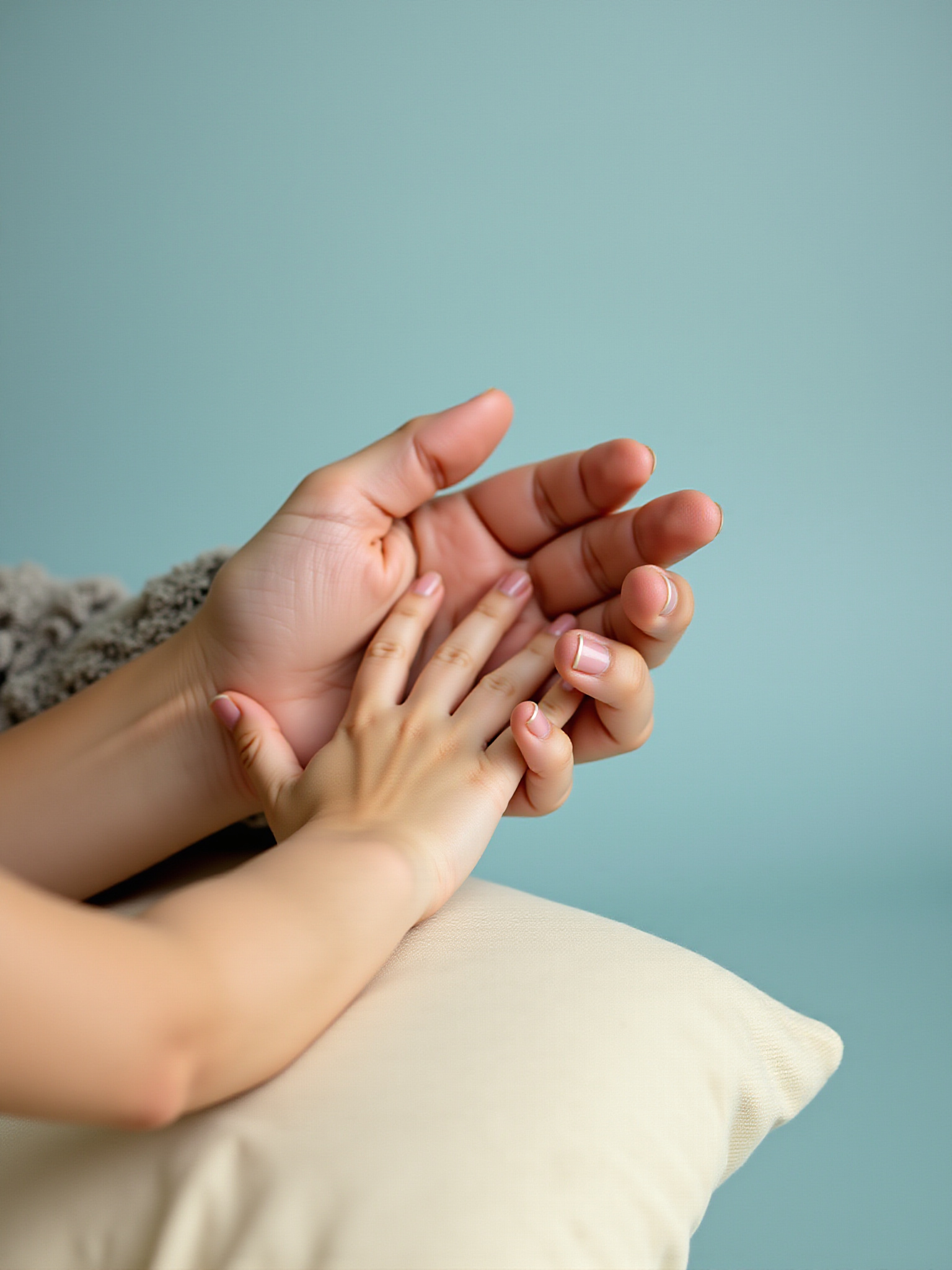 Adult hand gently cradling a small child's hand against a blue wall.