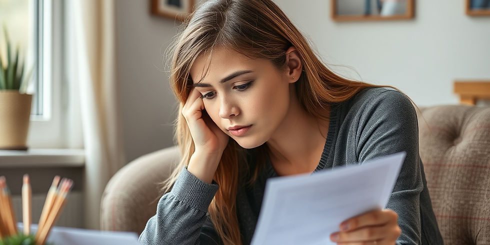 Mum looking worried whilst looking at paperwork