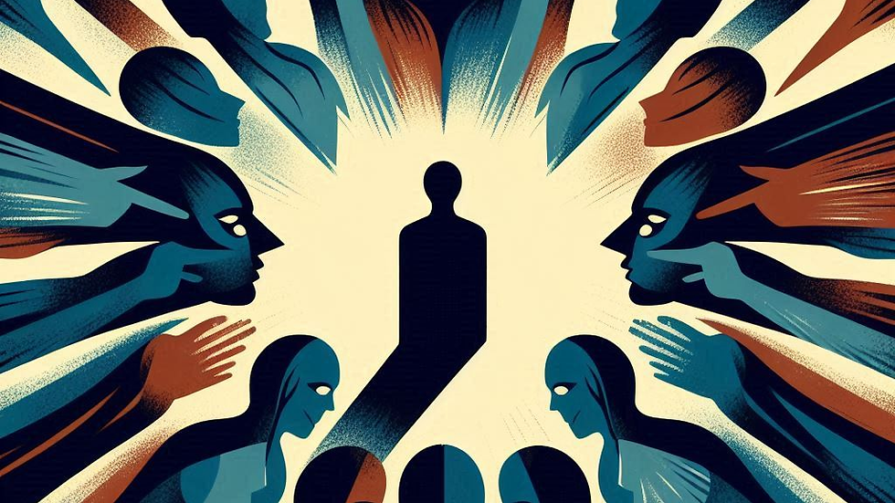 Abstract figures in blue and brown surround a central silhouette on a cream background, radiating energy and intensity, creating a dynamic scene.